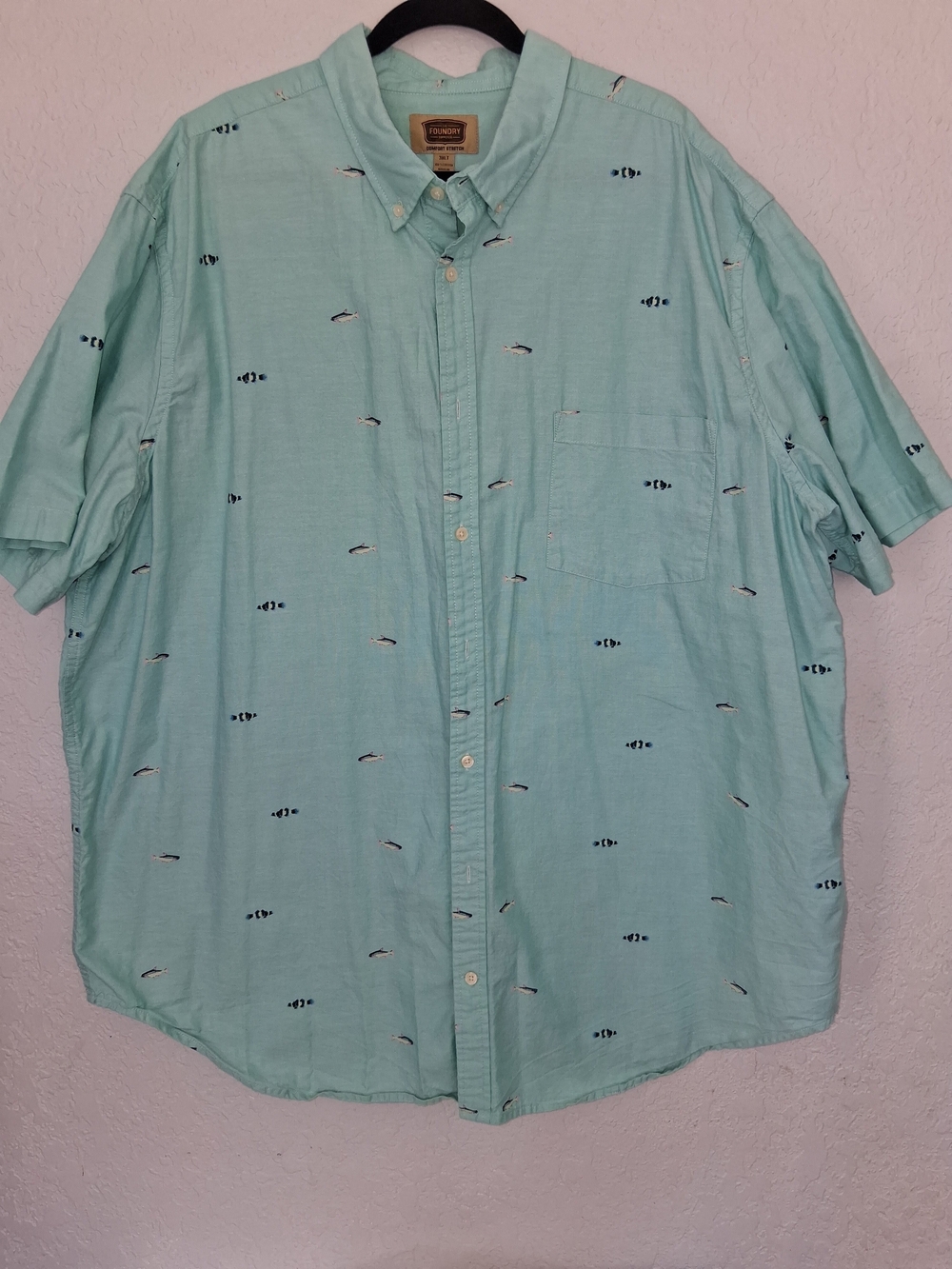 The Foundry Supply Co 3XLT Mens Mint Teal Fish Print Short Sleeve Shirt Cotton